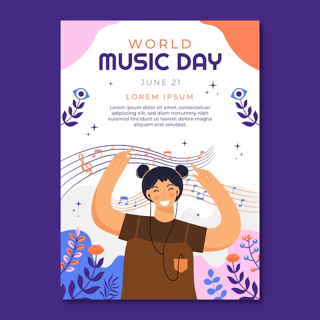 Flat vertical poster template for world music day celebration