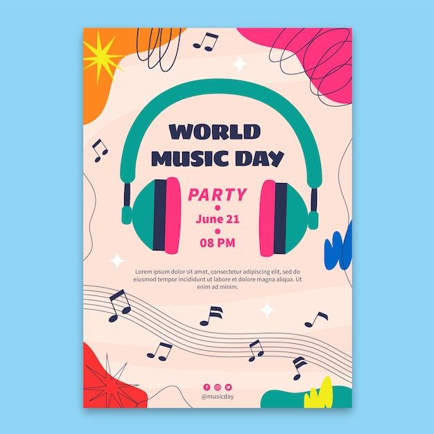 세계 음악의 날 축하를 위한 평면 수직 포스터 템플릿
