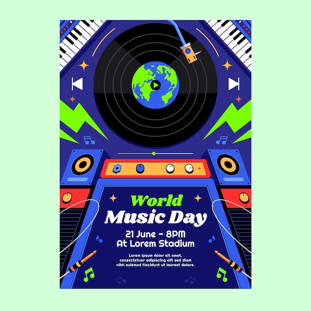 Free vector flat vertical poster template for world music day celebration