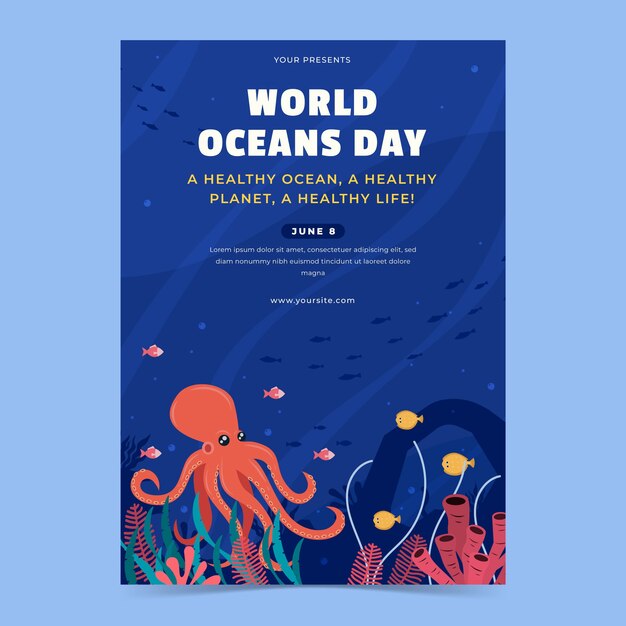 Flat vertical poster template for world oceans day celebration with oceanic life