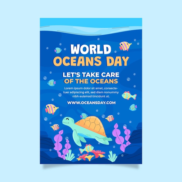 Плоский вертикальный шаблон плаката для празднования всемирного дня океанов с океанской жизнью
