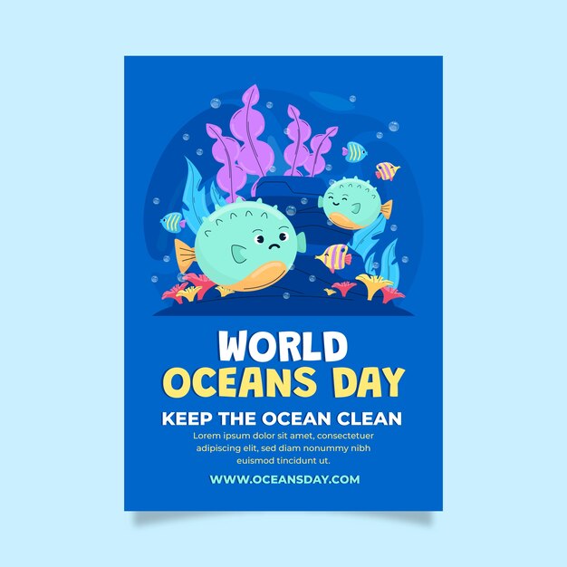 海洋生物と世界海洋デーのお祝いのための平らな垂直ポスター テンプレート