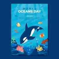 Vettore gratuito modello di poster verticale piatto per la celebrazione della giornata mondiale degli oceani con la vita oceanica