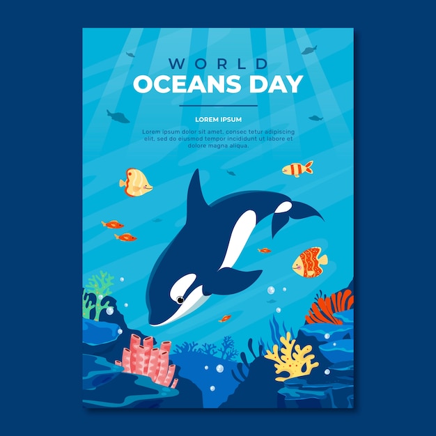 Flat vertical poster template for world oceans day celebration with oceanic life