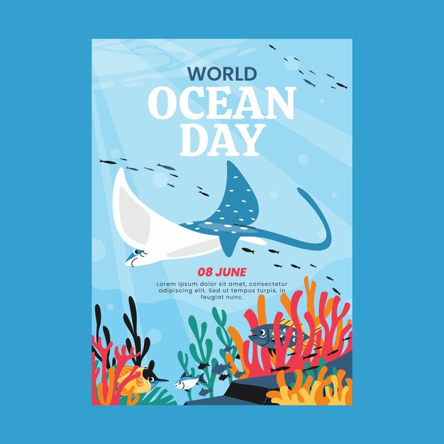 Flat vertical poster template for world oceans day celebration with oceanic life