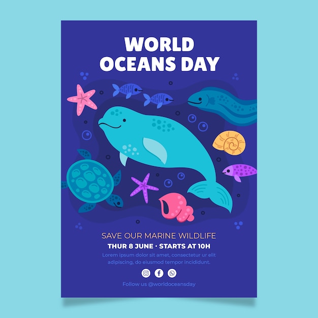 Vettore gratuito modello di poster verticale piatto per la celebrazione della giornata mondiale degli oceani con la vita oceanica