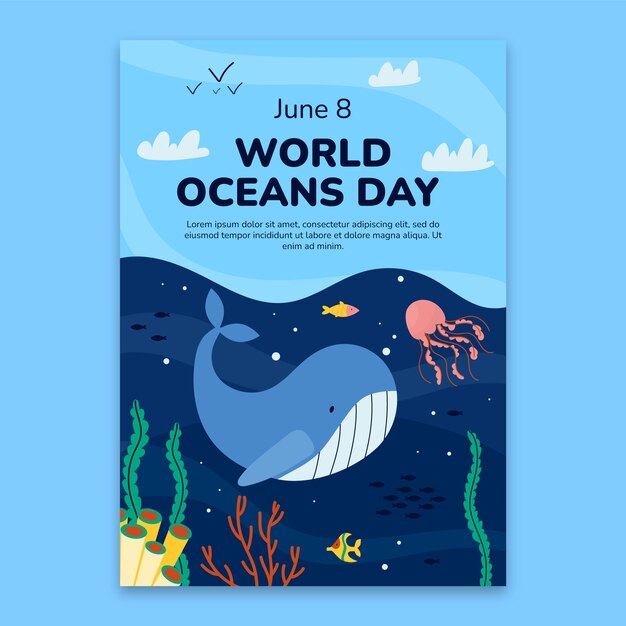 Flat vertical poster template for world oceans day celebration with oceanic life