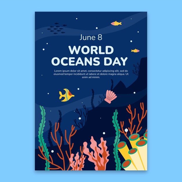 Flat vertical poster template for world oceans day celebration with oceanic life