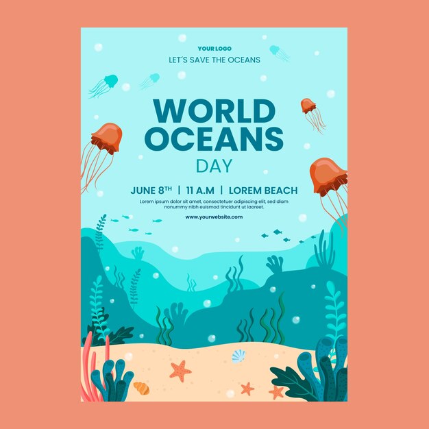 Flat vertical poster template for world oceans day celebration