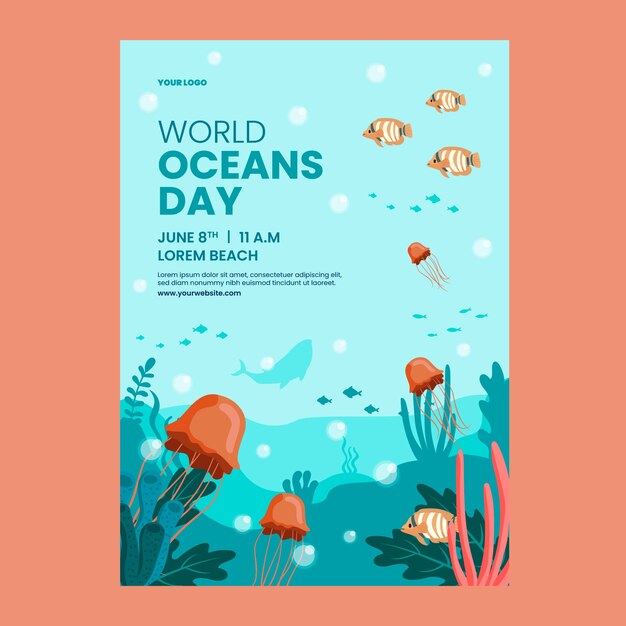 Flat vertical poster template for world oceans day celebration