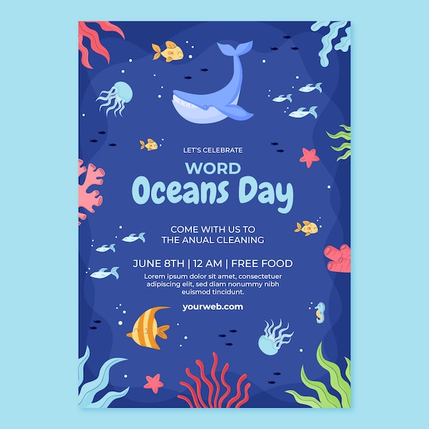 세계 해양의 날 축하를 위한 평면 수직 포스터 템플릿