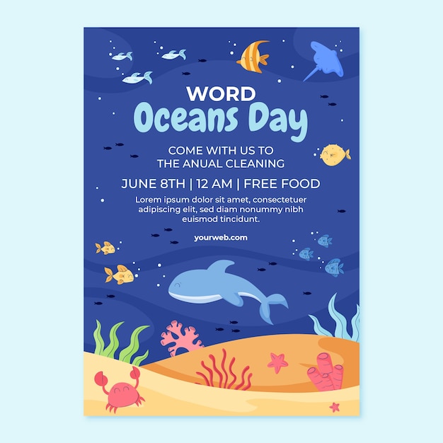 세계 해양의 날 축하를 위한 평면 수직 포스터 템플릿