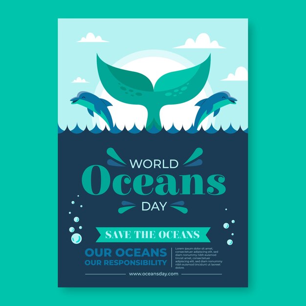 Плоский вертикальный шаблон плаката для празднования всемирного дня океанов