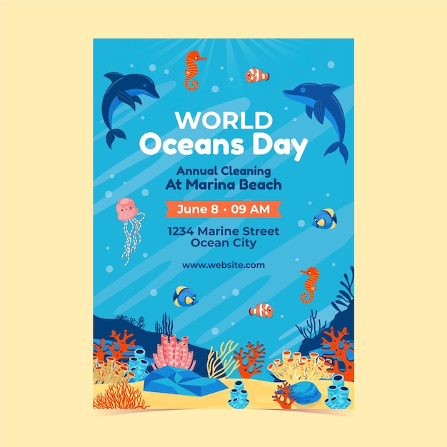 Free vector flat vertical poster template for world oceans day celebration