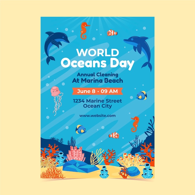 Modello di poster verticale piatto per la celebrazione della giornata mondiale degli oceani