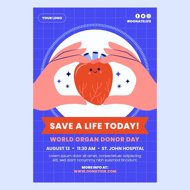 Vettore gratuito modello di poster verticale piatto per la giornata mondiale della donazione di organi