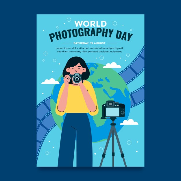 世界写真の日のお祝いのための平らな垂直ポスター テンプレート