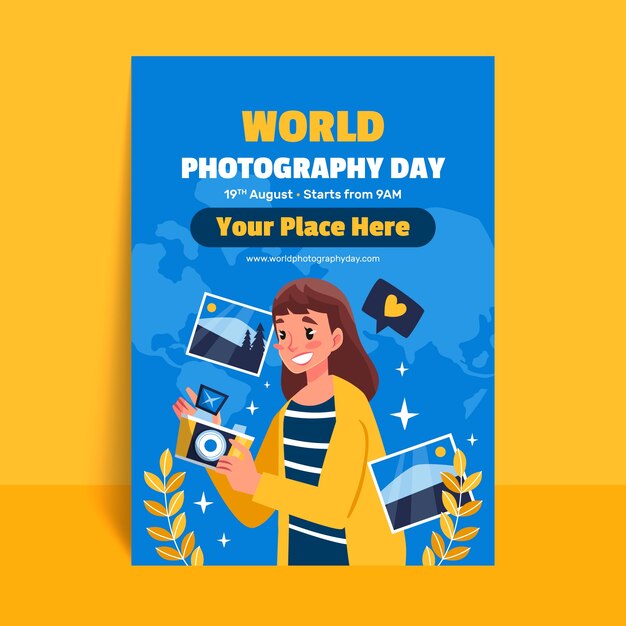Flat vertical poster template for world photography day celebration