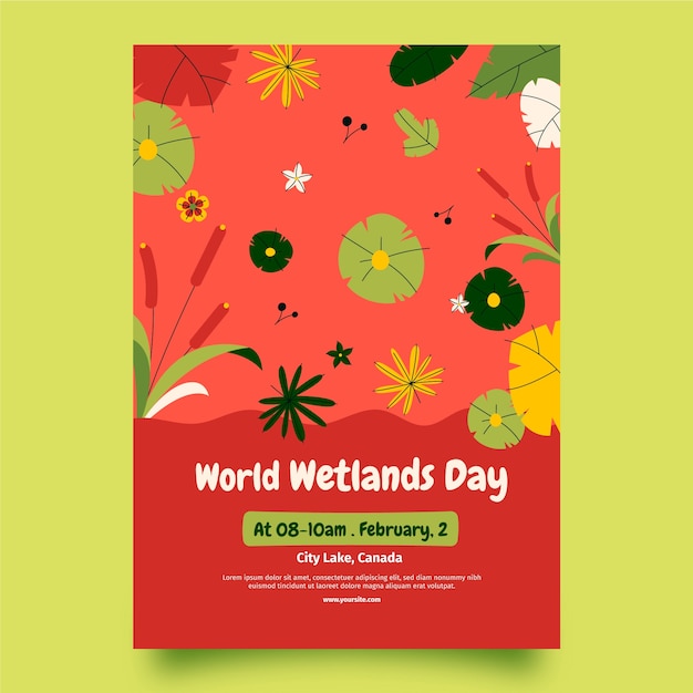 Free vector flat vertical poster template for world wetlands day with flora and fauna