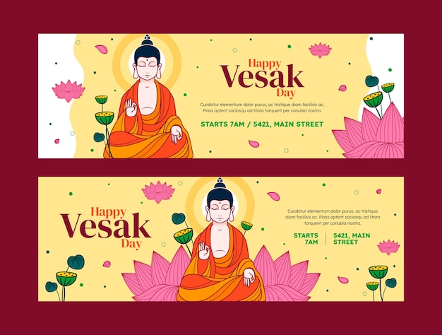 Бесплатное векторное изображение Пакет плоских горизонтальных баннеров vesak