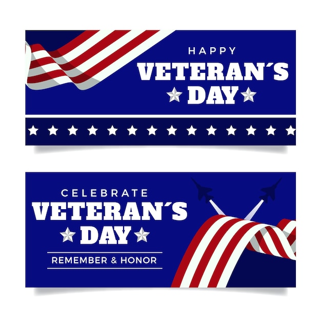 Vettore gratuito set di banner orizzontali per il giorno del veterano piatto