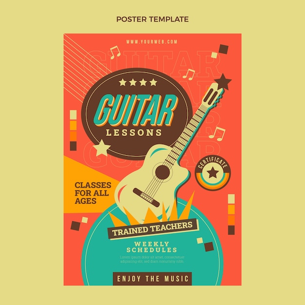 Плоские винтажные уроки игры на гитаре вертикальный шаблон плаката