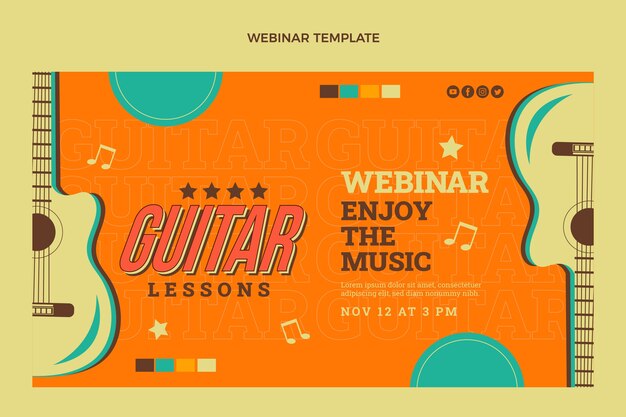 Плоский винтажный шаблон вебинара уроков игры на гитаре