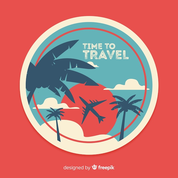 Flat vintage travel label with palms and sun