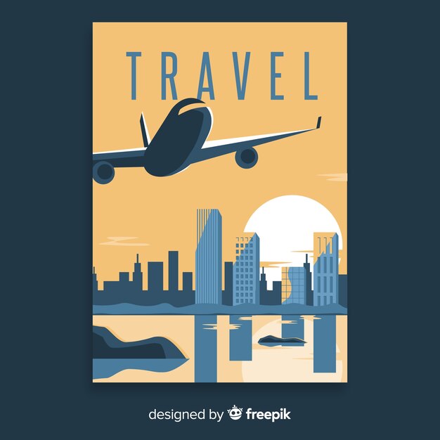 Flat vintage travel poster with airplane