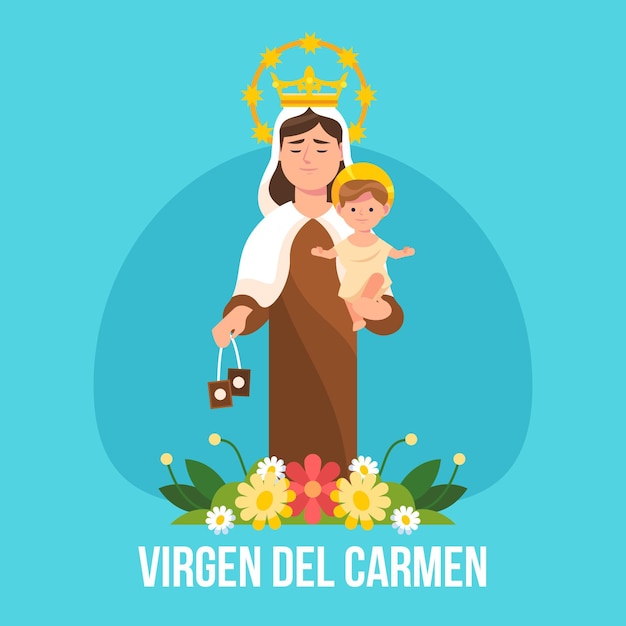 Vettore gratuito illustrazione piatta virgen del carmen