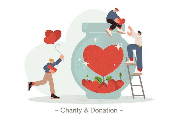 Бесплатное векторное изображение Плоские волонтеры собирают красные сердца в банку для пожертвований и благотворительности