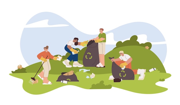 Flat volunteers with trash bags clean up garbage in public park