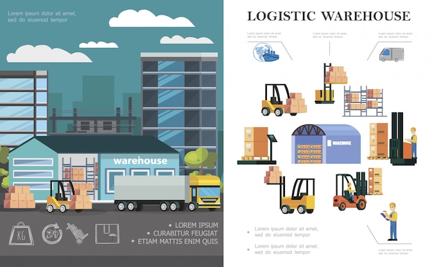 Flat warehouse logistics composition with truck loading process storage workers forklifts different boxes and containers