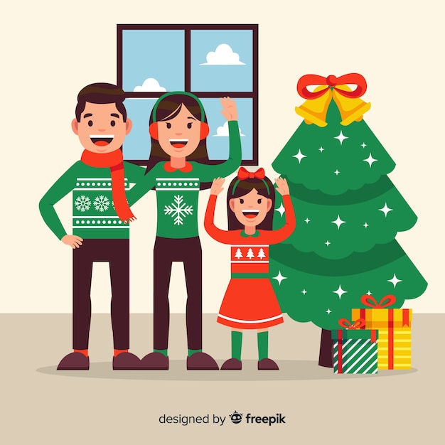 Free vector flat waving family inside christmas background