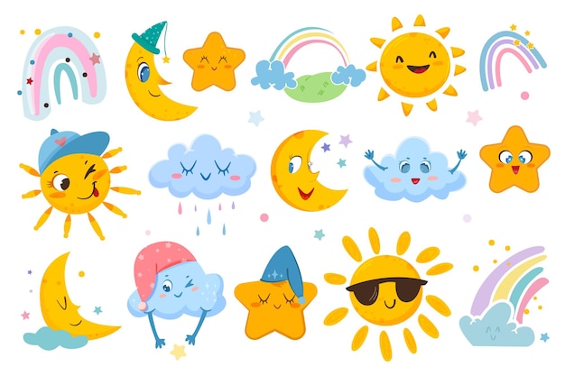 Flat weather set with cute sun moon clouds starts and rainbow
