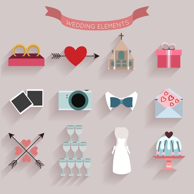 Бесплатное векторное изображение Плоские свадебные элементы