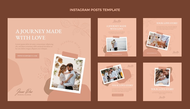 Vettore gratuito collezione di post di instagram di wedding planner piatto