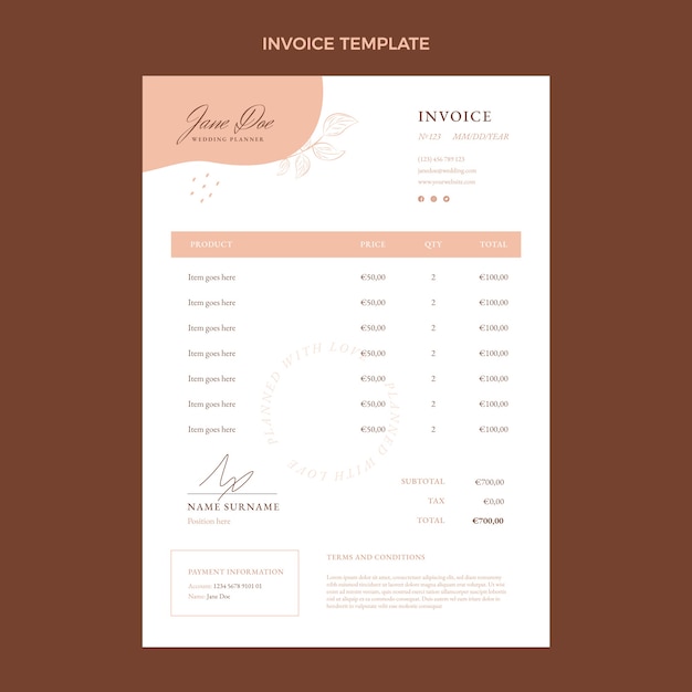 Free vector flat wedding planner invoice template