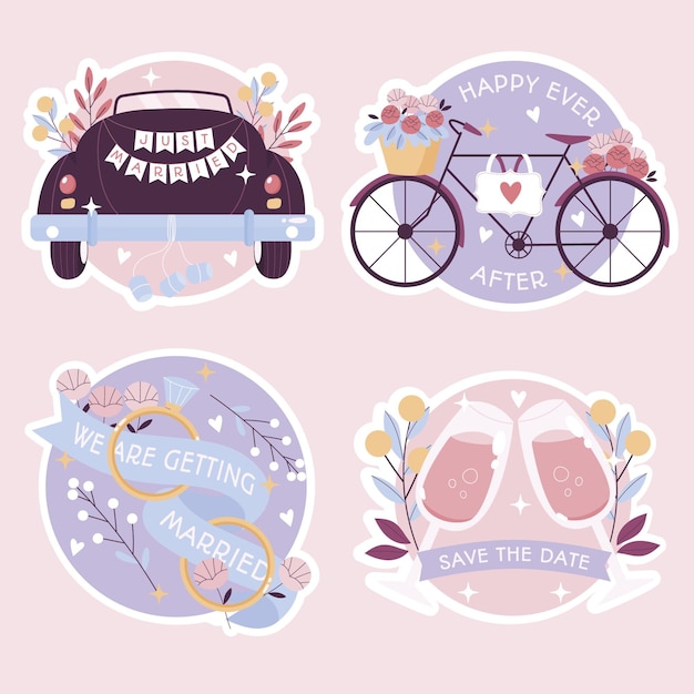 Free vector flat wedding stickers collection