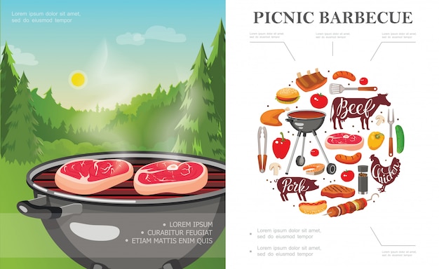 Flat weekend picnic concept with barbecue grill on forest landscape vegetables bbq utensils meat sausages