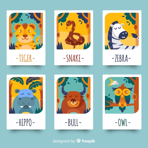 평평한 야생 동물 카드 컬렉션