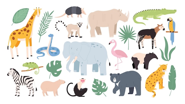 Flat wild safari animals from rainforest and savanna. jungle forest birds, monkey and snake. african zebra, crocodile and jaguar vector set. illustration of savanna wildlife, africa wild