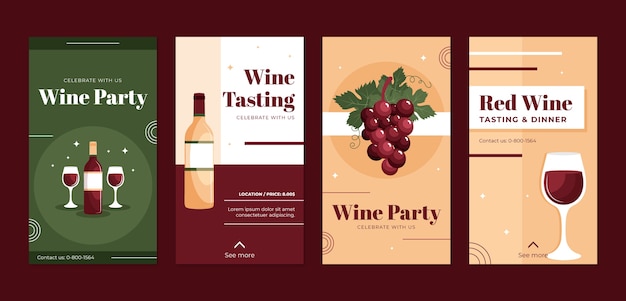Free vector flat wine party instagram stories set