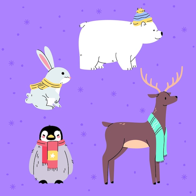 Flat winter animals collection