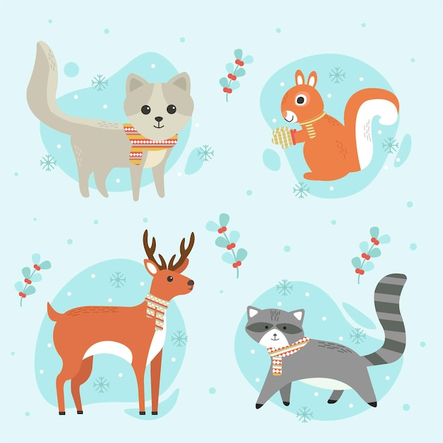 평평한 겨울 동물 컬렉션