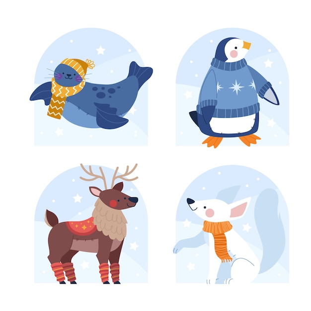 Бесплатное векторное изображение Коллекция плоских зимних животных