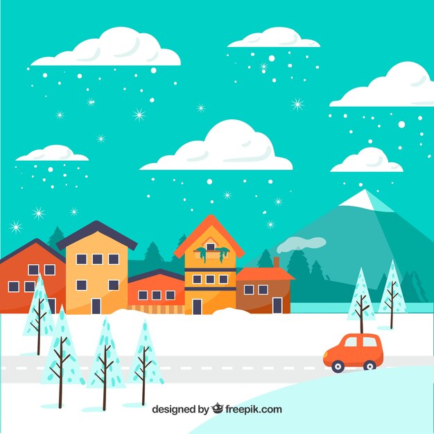 Flat winter background with a town