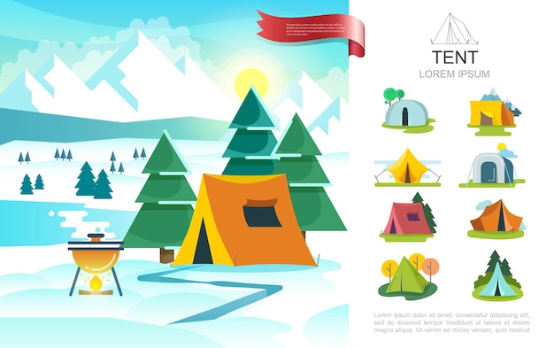 Concetto di campeggio invernale piatto con barbecue vicino alla tenda turistica su alberi e montagne