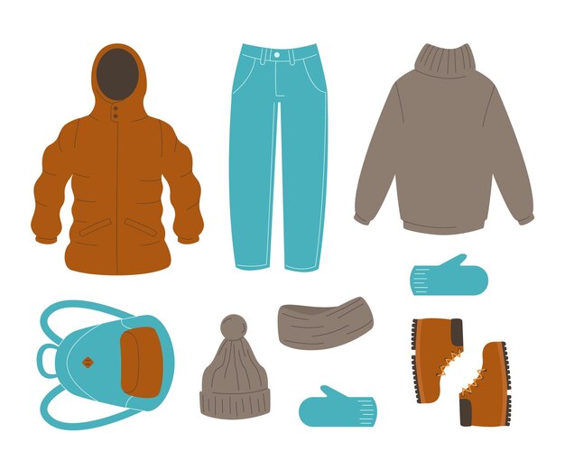 Плоская зимняя одежда и коллекция предметов первой необходимости