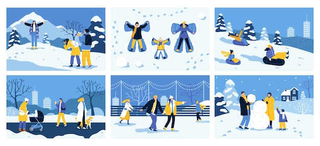 Бесплатное векторное изображение Плоский зимний праздничный набор горизонтальных плакатов со счастливыми людьми, проводящими время на свежем воздухе, гуляющими, катающимися на коньках, делающими снеговика, фотографируя изолированную векторную иллюстрацию